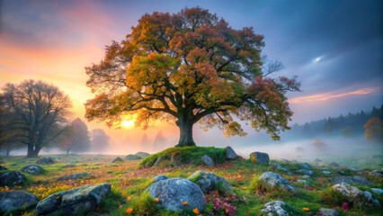 Naklejka premium majestic oak tree stands alone, adorned with vibrant autumn leaves, surrounded by misty fields