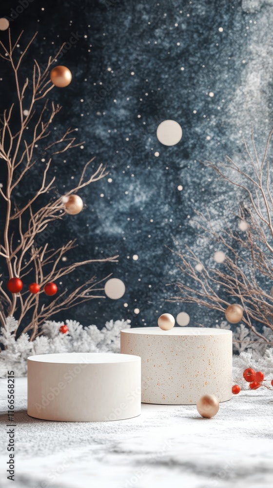 Poster a whimsical winter holiday mockup featuring three empty podiums in a spacious arrangement, with a su