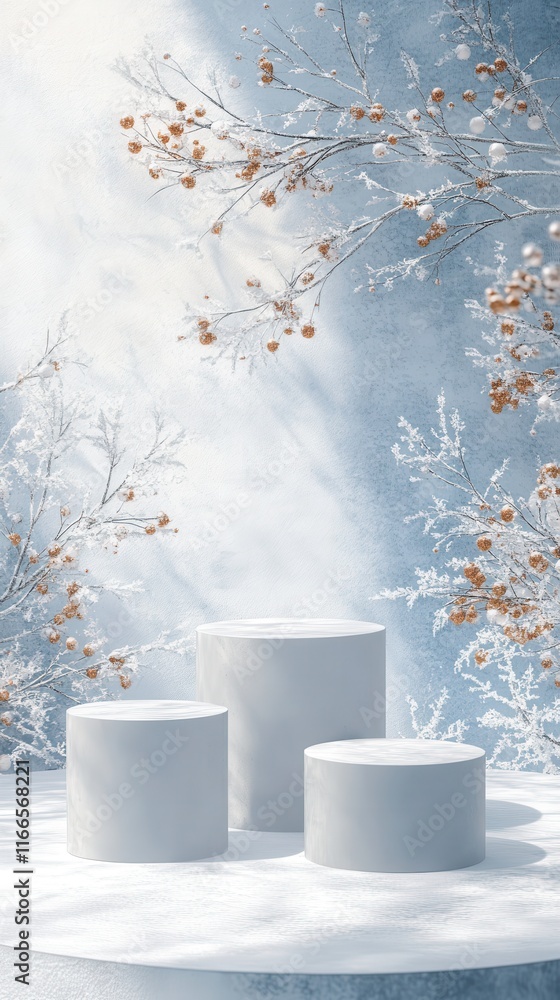 Poster a whimsical winter holiday mockup featuring three empty podiums in a spacious arrangement, with a su