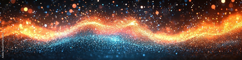 Poster a vibrant wave of glowing particles in orange and blue, creating a dynamic visual effect.