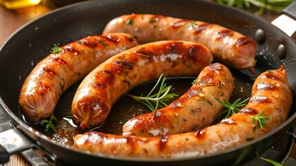 Juicy sausages frying in a pan with aromatic herbs