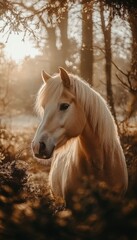 Obraz premium A serene horse stands in a sunlit forest, surrounded by soft, warm light and foliage.
