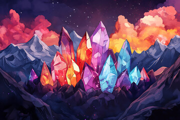A vibrant landscape featuring colorful crystals amidst mountains and a dramatic sky.