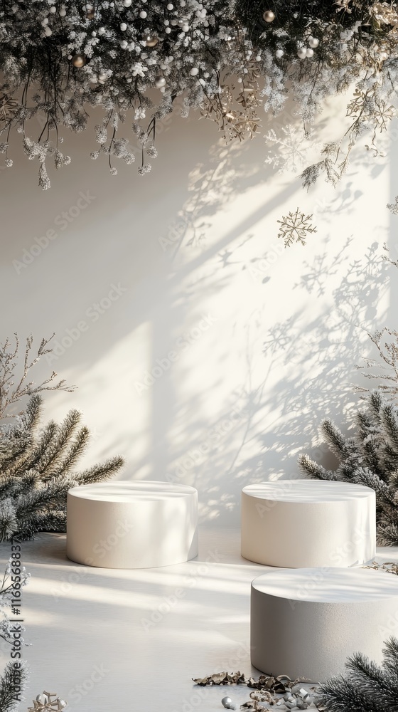 Poster an elegant winter scene with three empty podiums arranged thoughtfully, complemented by a soft holid