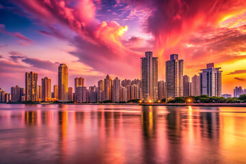 Obraz premium vibrant cityscape at sunset with colorful clouds reflecting on water