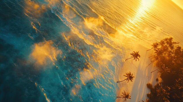 Aerial view of ocean waves crashing on a tropical beach at sunset.
