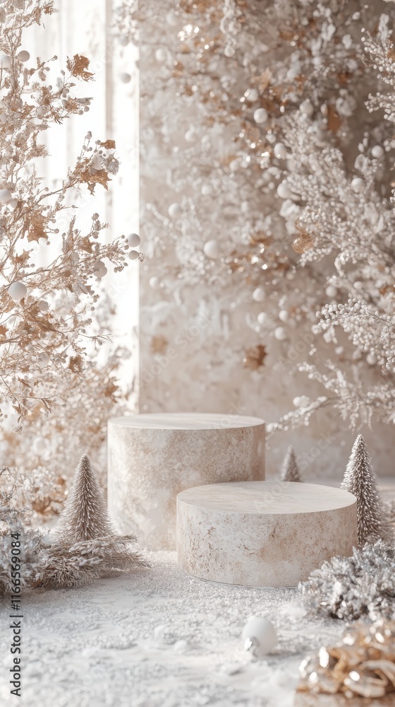 Poster an elegant winter scene with three empty podiums arranged thoughtfully, complemented by a soft holid