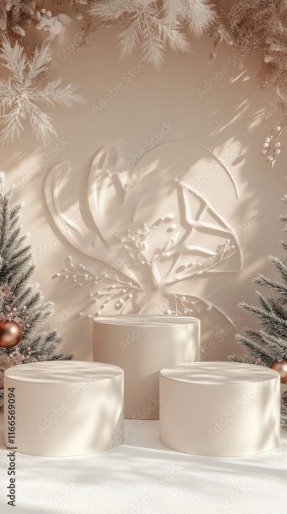 Poster an elegant winter scene with three empty podiums arranged thoughtfully, complemented by a soft holid