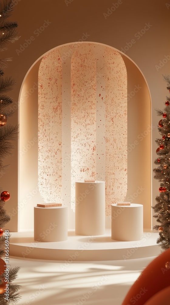 Poster an elegant winter scene with three empty podiums arranged thoughtfully, complemented by a soft holid