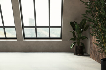 Modern contemporary loft empty room with concrete and wooden plank wall, parquet floor, plants, panoramic window.
