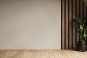Modern contemporary loft empty room with concrete and wooden plank wall, parquet floor, plants,...