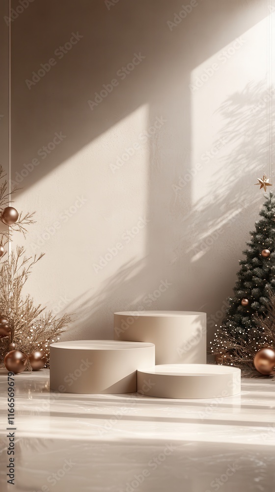 Poster an elegant winter scene with three empty podiums arranged thoughtfully, complemented by a soft holid