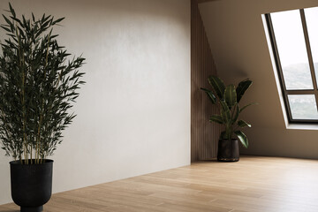 Modern contemporary loft empty room with concrete and wooden plank wall, parquet floor, plants,...