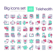 Telehealth technology RGB color icons set. Access to online services for patients. Consultation via chatbots. Isolated vector illustrations. Simple filled line drawings collection. Editable stroke