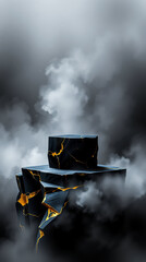 two-tiered geometric structure with gold accents