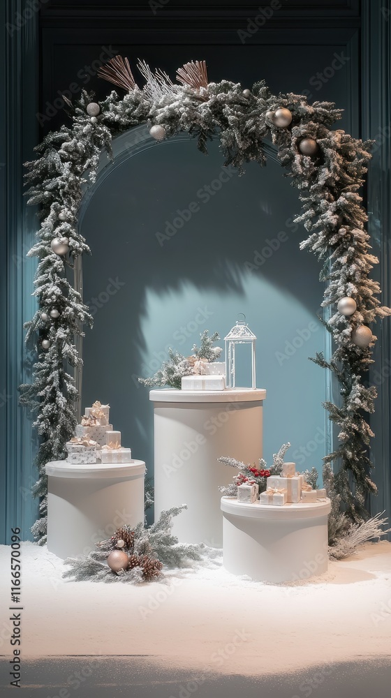 Poster an inviting winter display with three podiums arranged with generous spacing, framed by a delicate f