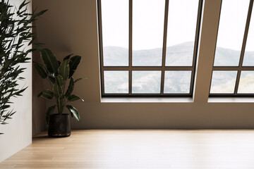 Fototapeta premium Modern contemporary loft empty room with concrete and wooden plank wall, parquet floor, plants, panoramic window.