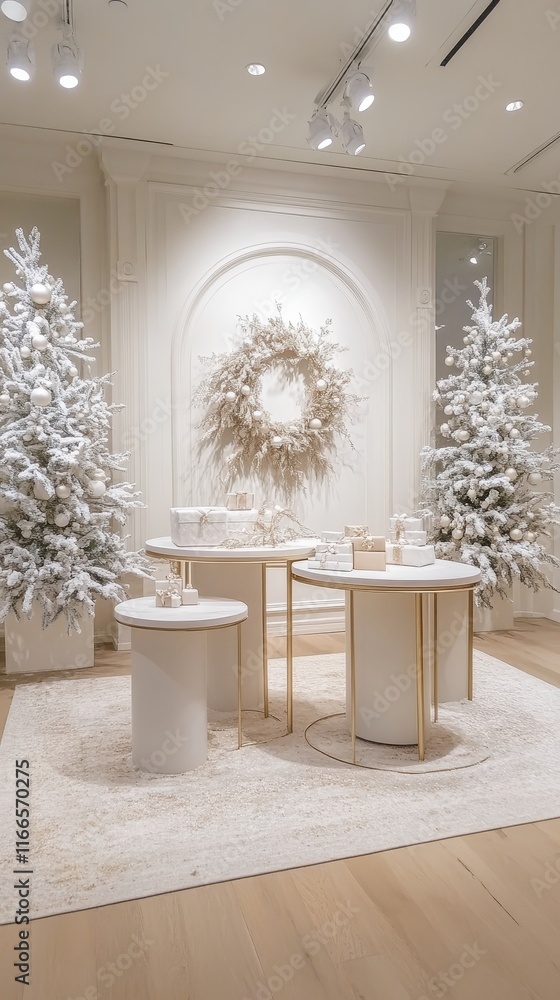 Poster an inviting winter display with three podiums arranged with generous spacing, framed by a delicate f