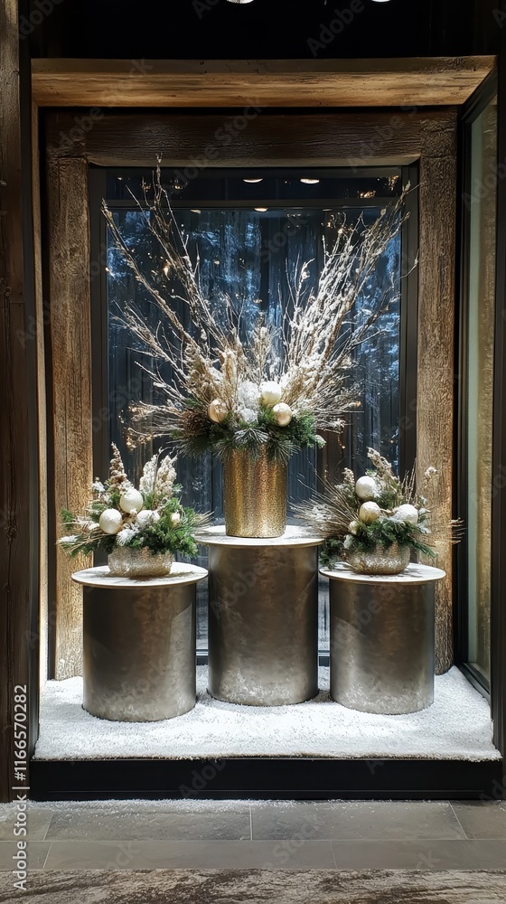 Poster an inviting winter display with three podiums arranged with generous spacing, framed by a delicate f