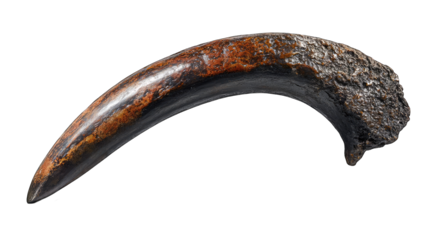 Fossilized dinosaur claw, curved, dark brown, textured surface.