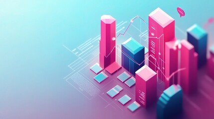 Fototapeta premium Digital Cityscape: Abstract illustration of a modern city skyline, with stylized buildings rendered in vibrant pink and blue hues. The background features a subtle gradient and delicate lines.