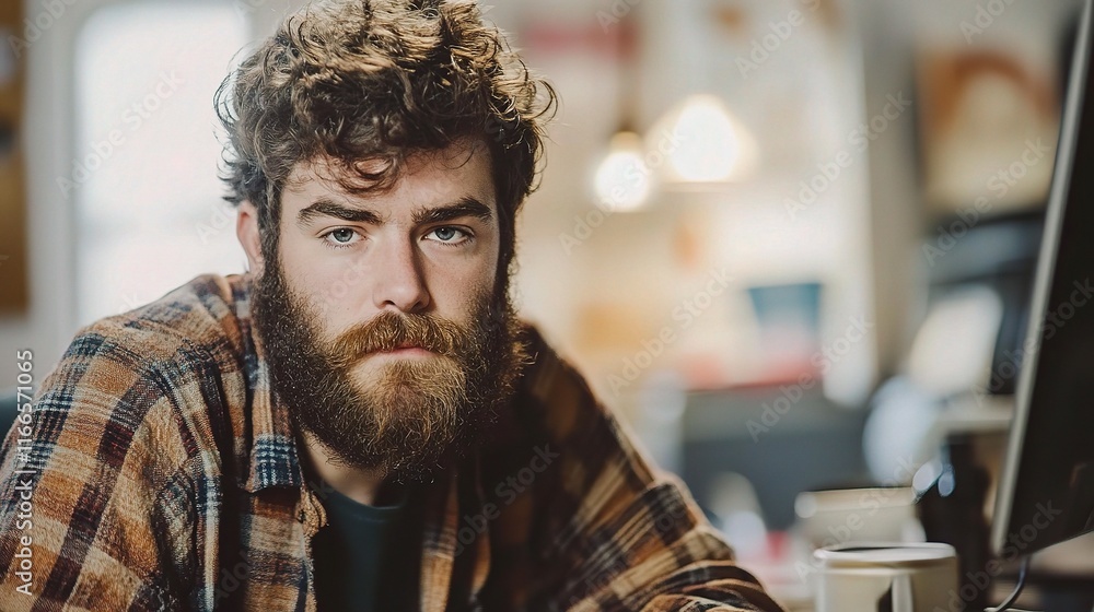 Poster young man with beard working on computer in modern office setting