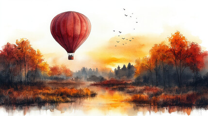 Obraz premium vibrant hot air balloon floats over serene autumn landscape, reflecting in calm water below. scene is filled with warm colors and peaceful atmosphere