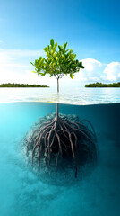 A solitary mangrove tree stands above water, showcasing its intricate roots submerged beneath the surface, symbolizing resilience and coastal ecosystems.