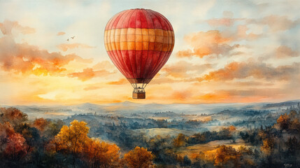 Obraz premium vibrant hot air balloon floats gracefully over picturesque landscape at sunset, surrounded by rolling hills and colorful autumn trees, evoking sense of adventure and tranquility