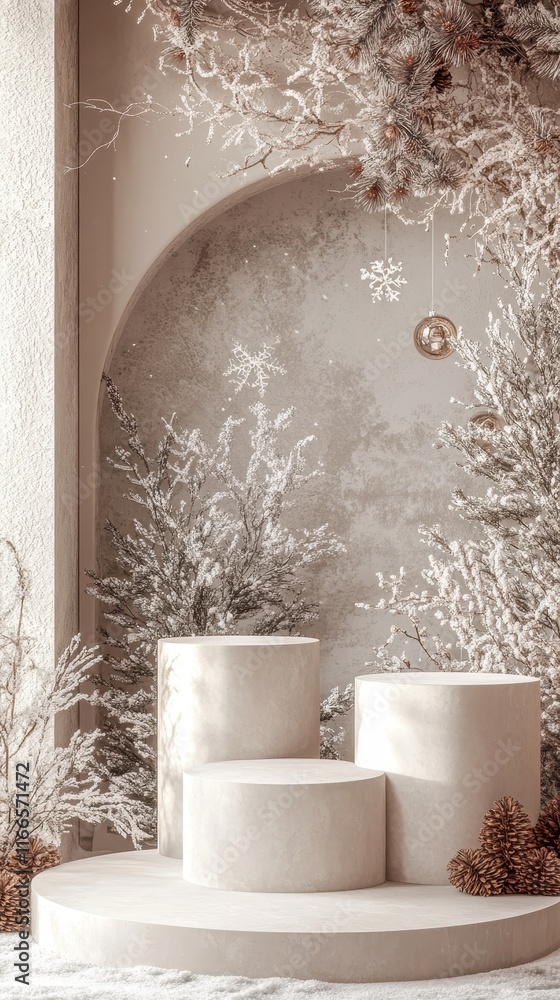 Poster an inviting winter holiday display with three elegantly arranged podiums, complemented by a soft fes