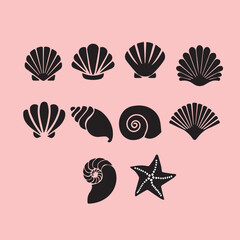 Stylized Black Seashell and Starfish Illustrations