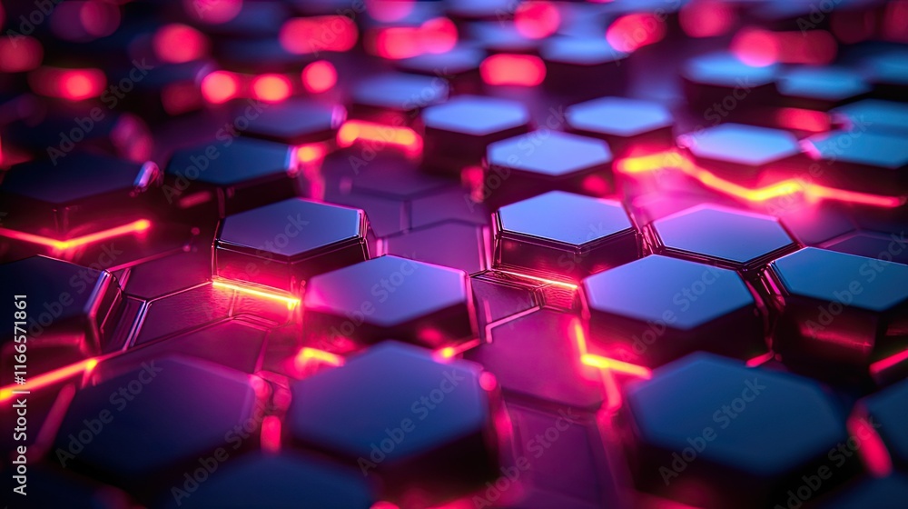 Poster a vibrant, futuristic hexagonal pattern with glowing edges, emphasizing technology and design.