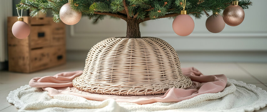 beige wicker tree collar under decorated fir