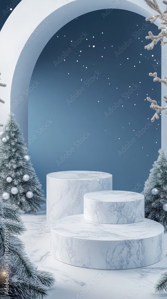 Poster an inviting winter product display featuring three empty podiums, surrounded by ample space and a fa
