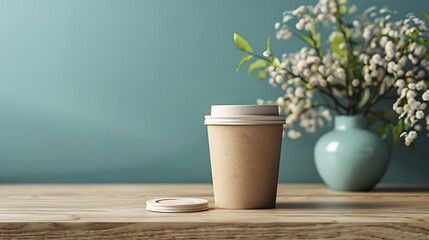 Mockup of an 8 ounce cardboard mug with a hovering cover
