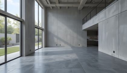 Obraz premium Empty modern concrete room with large windows and mezzanine