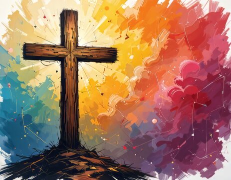 Una cruz cristiana y un corazón dibujado a mano, dibujados con delicadas pinceladas, sobre un fondo vibrante y colorido