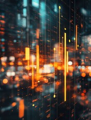 Fototapeta premium Abstract glowing big data forex candlestick chart on blurry city backdrop. Trade, technology, investment and analysis concept. Double exposure