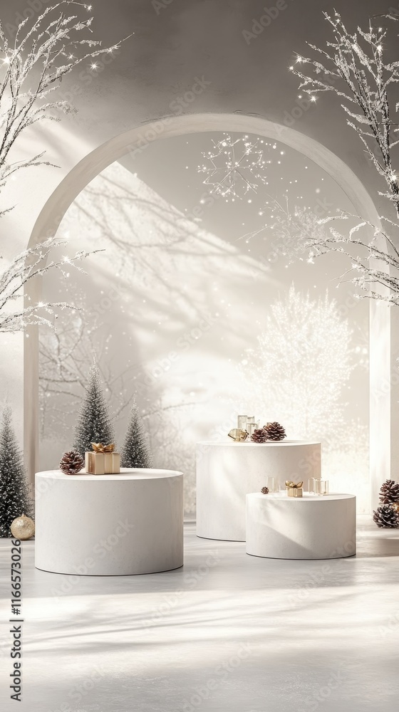 Poster an inviting winter product display featuring three empty podiums, surrounded by ample space and a fa