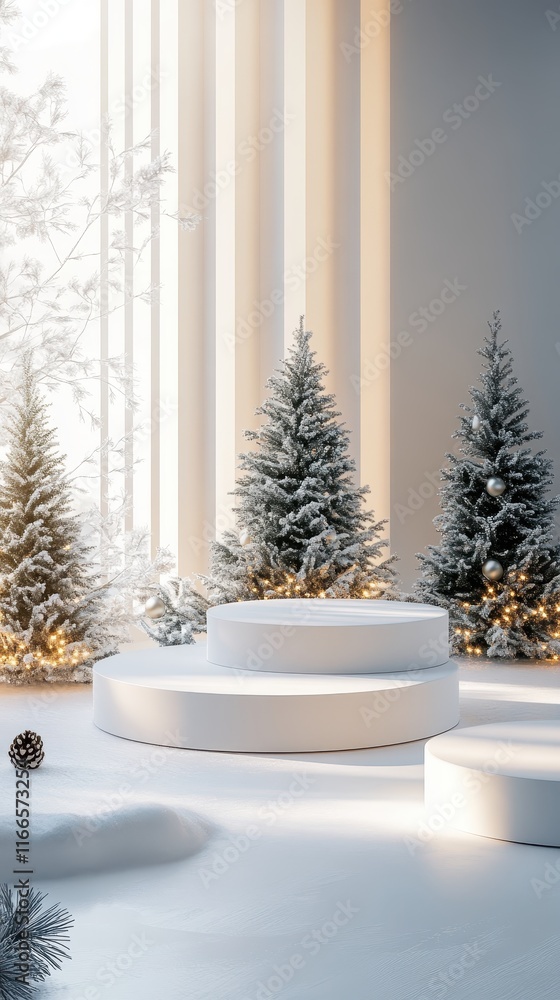 Poster an inviting winter product display featuring three empty podiums, surrounded by ample space and a fa