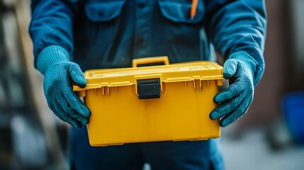 Fototapeta premium Close-up of worker's hands holding a yellow toolbox.