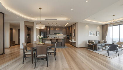 Modern open-plan apartment interior with dining area, kitchen, and living room