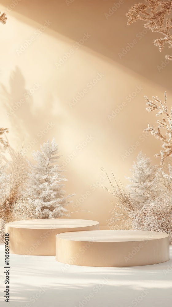 Poster three elegantly designed empty podiums in a spacious layout, surrounded by a subtle holiday-themed b