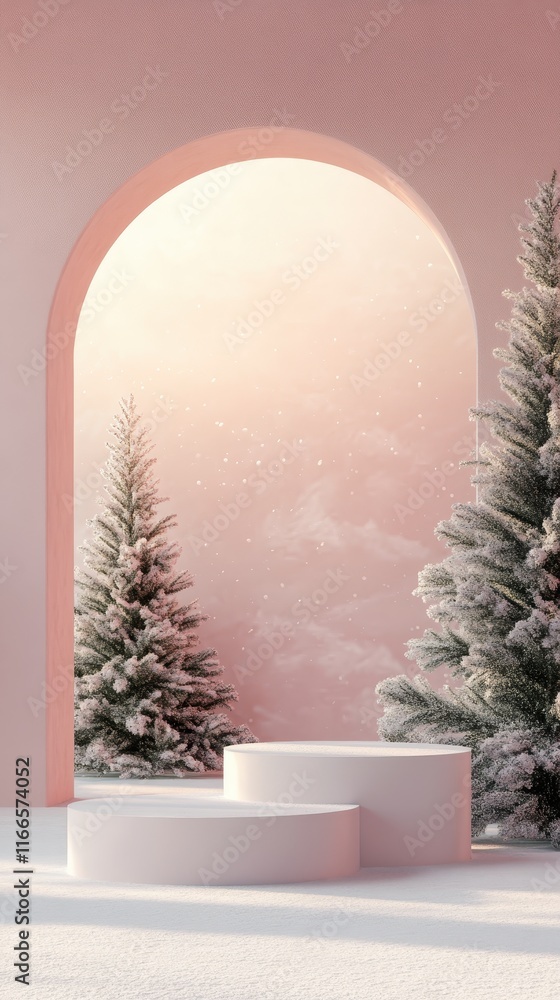 Poster three elegantly designed empty podiums in a spacious layout, surrounded by a subtle holiday-themed b