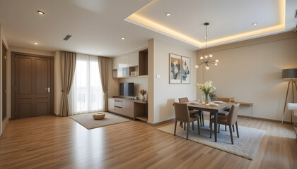 stock photo features a modern apartment with a dining room furnished with a table and chairs, as well as an empty living room with a beige wall.