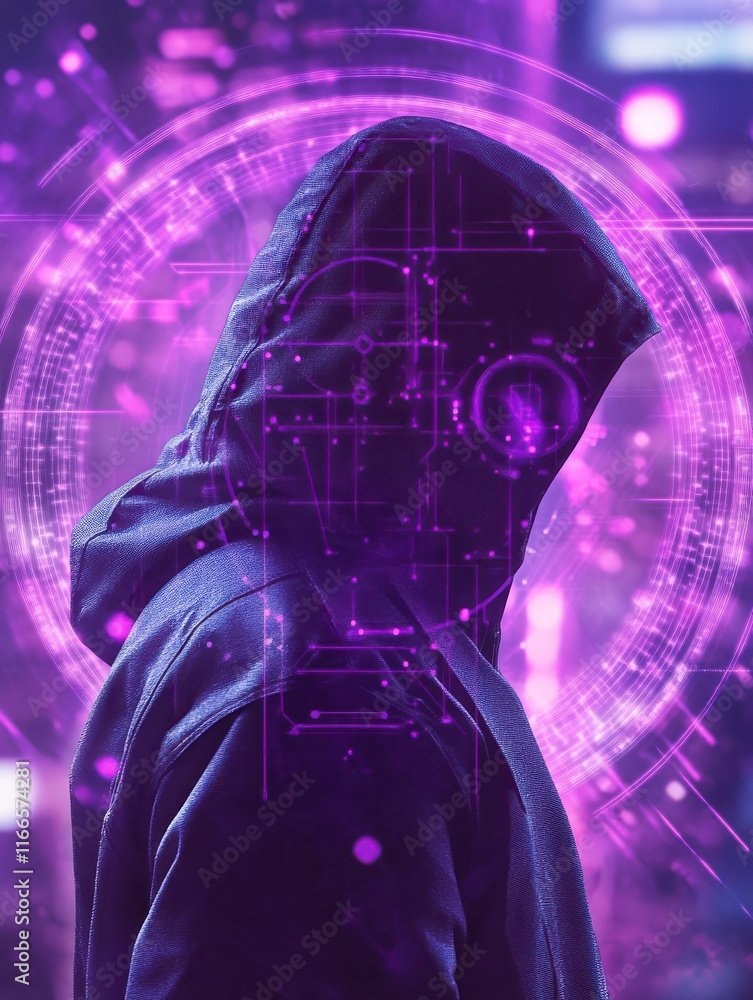 Poster hacker using abstract polygonal circles interface on blurry purple background. metaverse and future 
