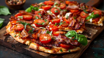 On a rustic wooden board canadian style pizza topped with crispy bacon fresh tomatoes and seasonal vegetables