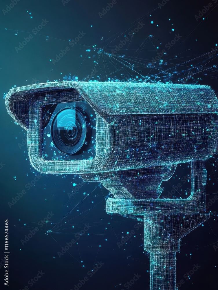 Poster polygonal security cctv camera hologram on dark background. technology and security concept. 3d rend