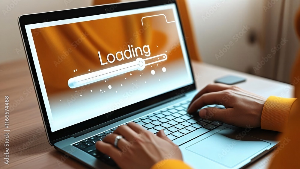 Poster a person using a laptop with a loading screen in a warm-colored environment.