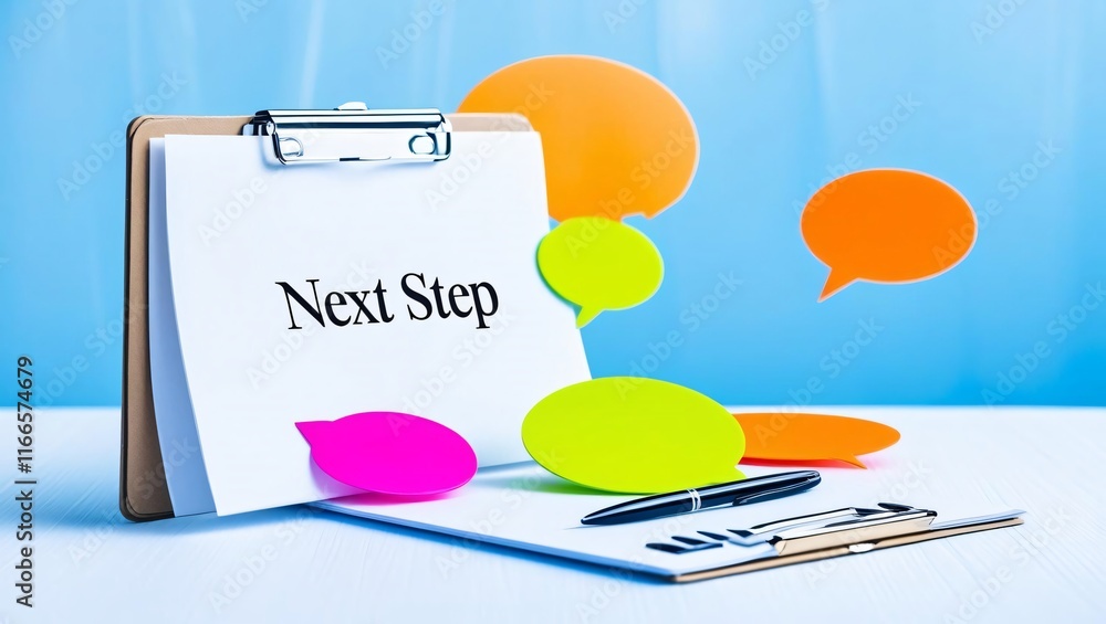 Poster next step written on a clipboard surrounded by colorful speech bubbles and a pen on a blue backgroun